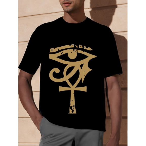 Men's Eye-Catching Graphic Print T-Shirt - Soft Cotton, Regular Fit, Machine Washable, Black with Golden & White Design, Ideal for Summer Vacation & Daily Wear
