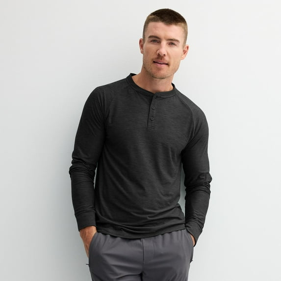 Men's FLX Long Sleeve Luxury Soft Wander Henley Color: Black Coal Size: L