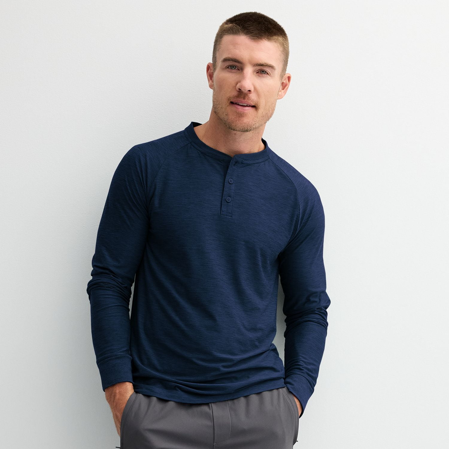 Men's FLX Long Sleeve Luxury Soft Wander Henley Color: Moonwalk