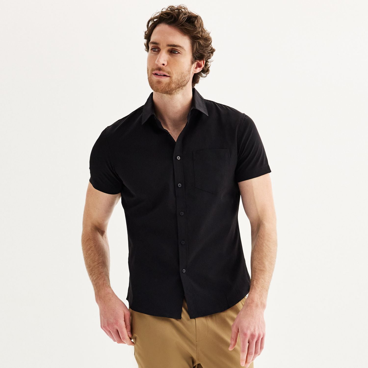 Black Cotton Flax Button-Down Short Shirt main image 1