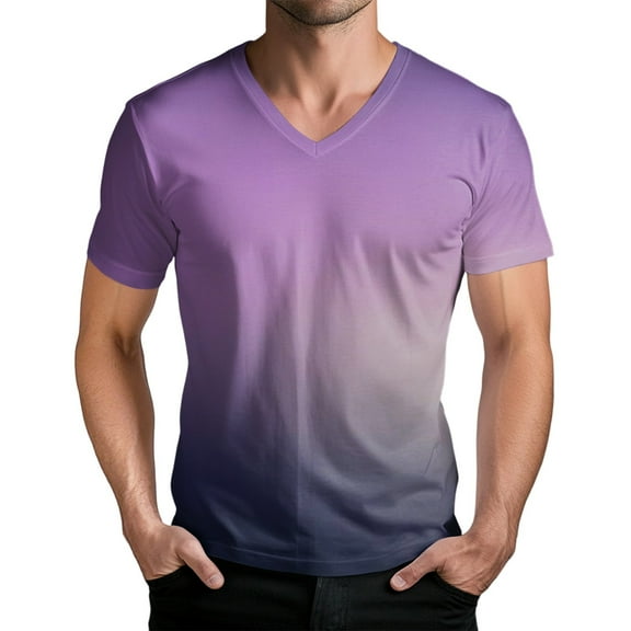 Men's Faded Print V-Neck Lightweight T-Shirt - Stylish Summer Tee with Artistic Gradient Design for Concerts, Outings and Everyday Versatility,Purple M