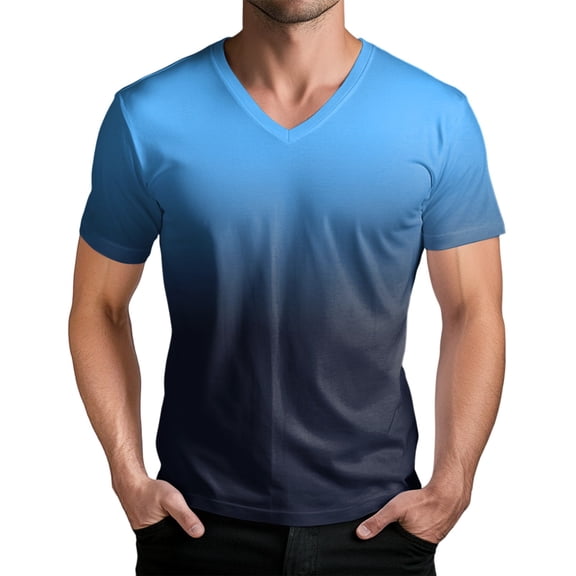 Men's Faded Print V-Neck Lightweight T-Shirt - Stylish Summer Tee with Artistic Gradient Design for Concerts, Outings and Everyday Versatility,Sky Blue XL