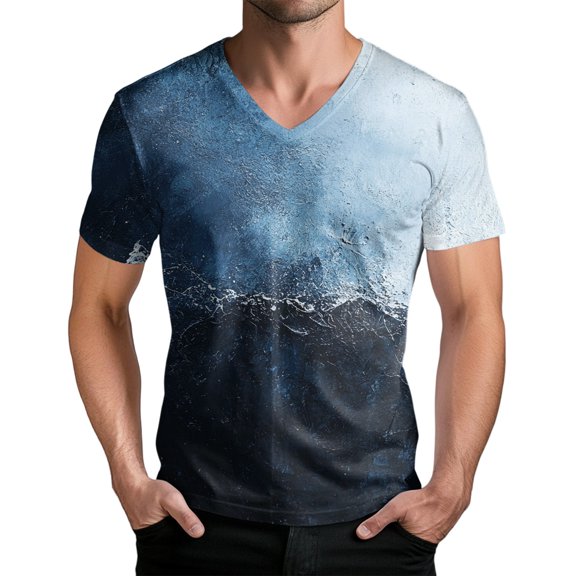 Men's Faded Print V-Neck Lightweight T-Shirt - Stylish Summer Tee with Artistic Gradient Design for Concerts, Outings and Everyday Versatility,Blue M