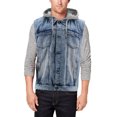 thumbnail image 1 of Men's Faded Wash Cotton Blend Button Up Drawstring Hood Denim Jean Vest (Blue, 3XL), 1 of 3