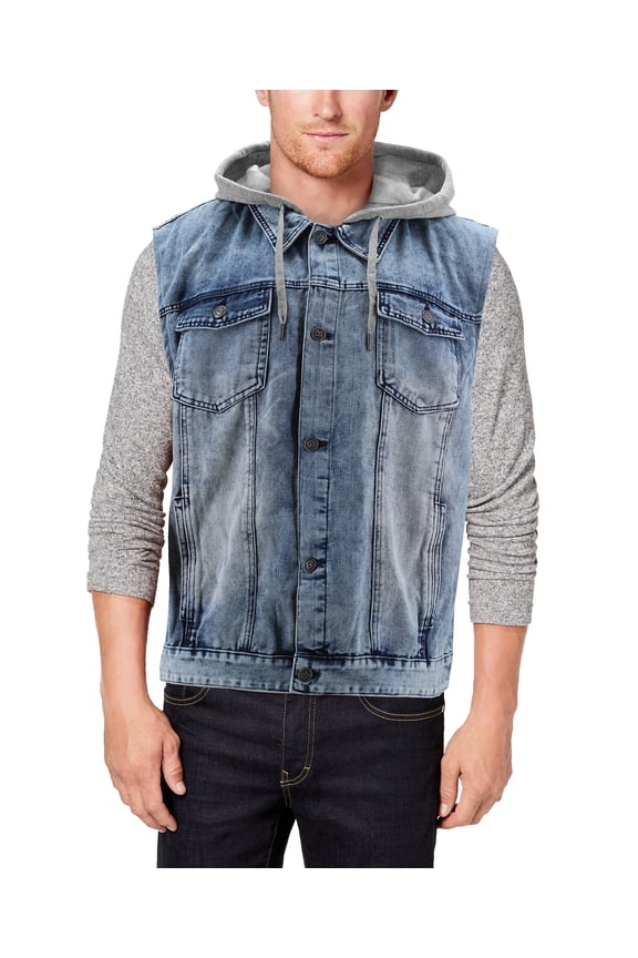 Men's Faded Wash Cotton Blend Button Up Drawstring Hood Denim Jean Vest (Blue, 4XL)