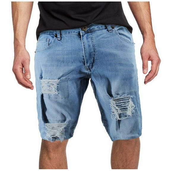 Men's Faded Wash Denim Distressed Slim Fit Stretch Skinny Jean Shorts (Light Blue, 36)