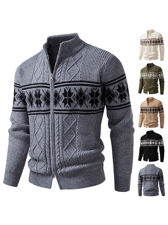 Men's Fair Isle Cable Knit Zip‑Up Cardigan Stand Collar Full Zip Sweater Jacket Fall Winter Cozy Casual Warm Outerwear