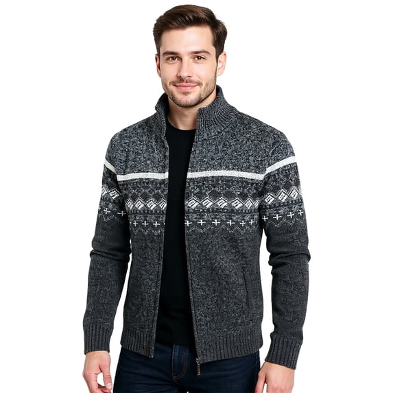 Men's Fair Isle Knit Full Zip Mock Neck Sweater Long Sleeve Casual Zip-Up Cardigan