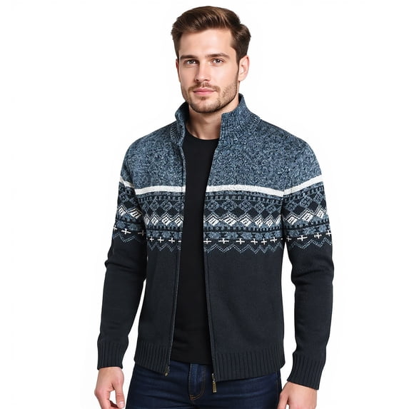 Men's Fair Isle Knit Full Zip Mock Neck Sweater Long Sleeve Casual Zip-Up Cardigan