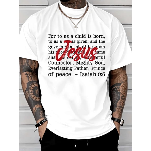 Men's Faith-Based "For To Us A Child Is Born" Isaiah 9:6 Bible Verse Graphic Casual T Shirt Short Sleeve Round Neck Top White S-5XL