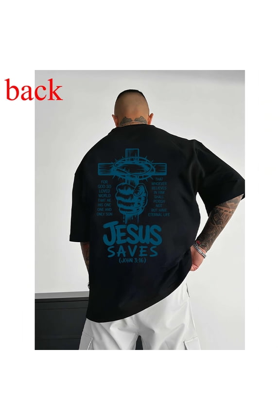 Men's Faith-Based "Jesus Saves (John 3:16)" Cross Graphic Comfortable T Shirt Cotton Short Sleeve Round Neck Top Black S-5XL