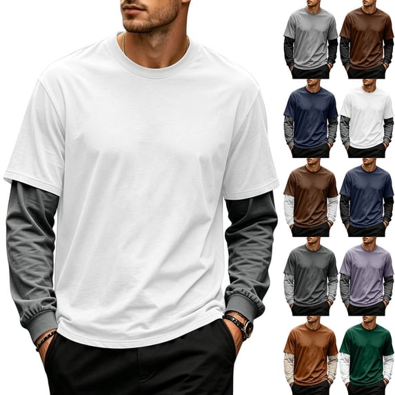 Men's Fake 2-Piece Layered Solid Shirts Casual Pullover Cyan L