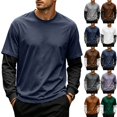 thumbnail image 1 of Men's Fake 2-Piece Layered Solid Shirts Casual Pullover Light Blue 3XL, 1 of 6