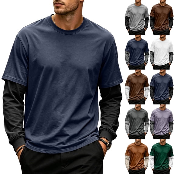 Men's Fake 2-Piece Layered Solid Shirts Casual Pullover Light Blue 3XL