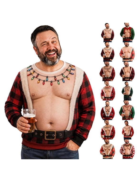 Men’s Fake Muscle Ugly Christmas Sweater Costume Top, Funny Printed Half‑Sleeve Pullover, Novelty Fake Chest Muscle Shirt for Christmas Holiday Party(Red/XXXL)