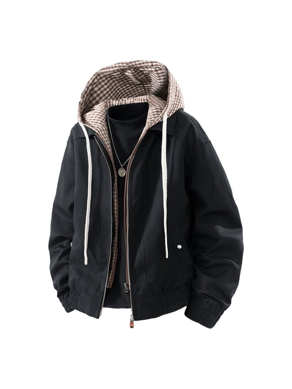 Men's Fake Two Piece Hooded Cargo Jacket Plaid Patchwork Long Sleeve Zip Up Casual Athletic Jacket Cycling Hiking