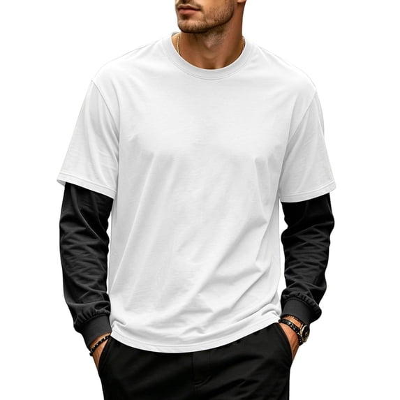 Men's Fake Two Piece Long Sleeve Shirts Crew Neck Layered Patchwork Casual Fashion Pullover Sweatshirt White 2XL