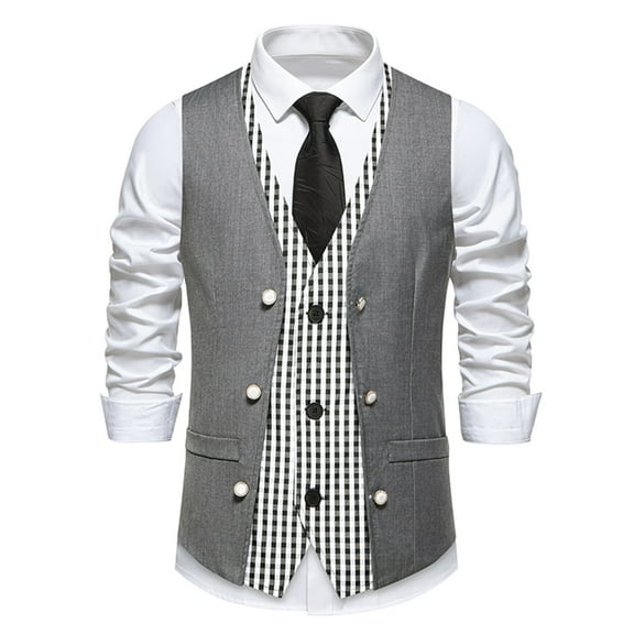 Men's Fake-Two Pieces Business Suit Vest, Fashion Plaid Patchwork Button Up Groomsmen Prom Waistcoat