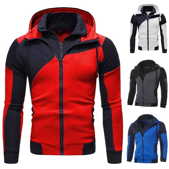 Men's Fake Two-piece Sports Sweatshirt with Long Sleeve Zipper Hooded Jacket - Color Block Casual Coat for Winter Activities, Christmas Gifts, and Outdoor Fun,Red,XL
