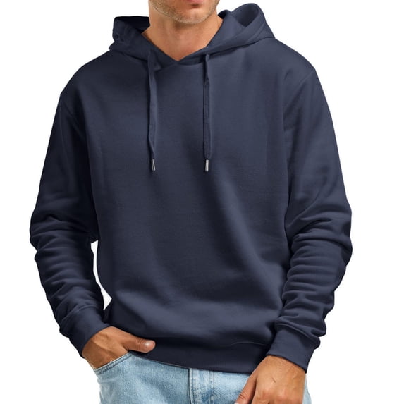 Men's Fall And Winter Casual Hoodies Solid Color Long Sleeve Drawstring No Pockets Fashion Comfortable Sweatshirt For Daily Wear,Navy,S