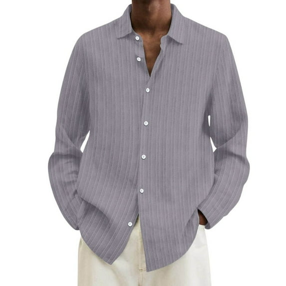 Men's Fall Casual Solid Lapel Striped Stretch Button Sweater Short Sleeved Shirt