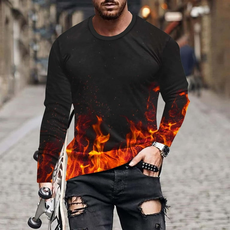 Men s Fall Long Sleeve Shirt Personalized Designs Sport Three dimensional flame pattern Round Neck Casual Fashion Warm and soft Blouses Shirts Walmart