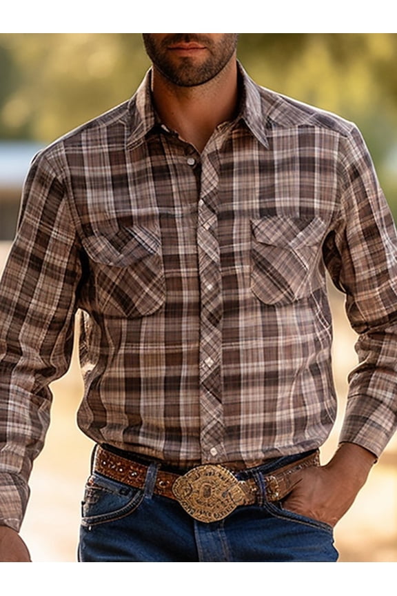Men's Fall Plaid Button Down Shirt Long Sleeve Casual Cowboy Work Shirts Lightweight Flannel Shirts Two Pocket Khaki _XL