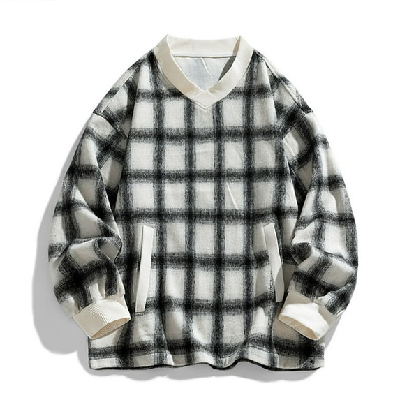Men's Fall V-Neck Sweatshirts Plaid Long Sleeve Casual Pullover Checkered Fashion Shirt Loose Fit Tops with Pockets
