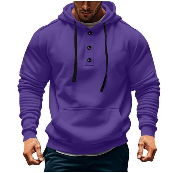 Men's Fall Winter Button Down Hooded Drawstring Sweatshirt Casual Solid Color Long Sleeve Pullover Sweatshirt Tops With Pocket