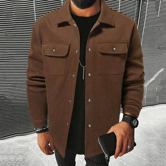 Men's Fall Winter Button Jackets Solid Color Flap Pocket Coat Lapel Collar Long Sleeve Workwear Jacket Coffee S