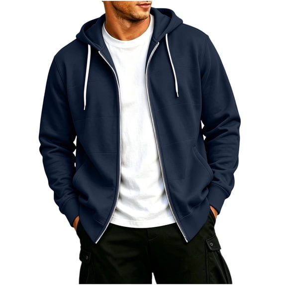 Men's Fall Winter Full Zip Hoodie Jacket, Long Sleeve Casual Sweatshirt Sportswear for Running Jogging Workout Navy