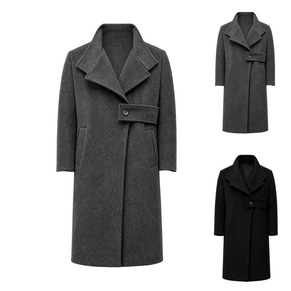 Mid Guy Men's Fall Winter Notched Lapel Mid Long Coat Button Strap Design Long ...