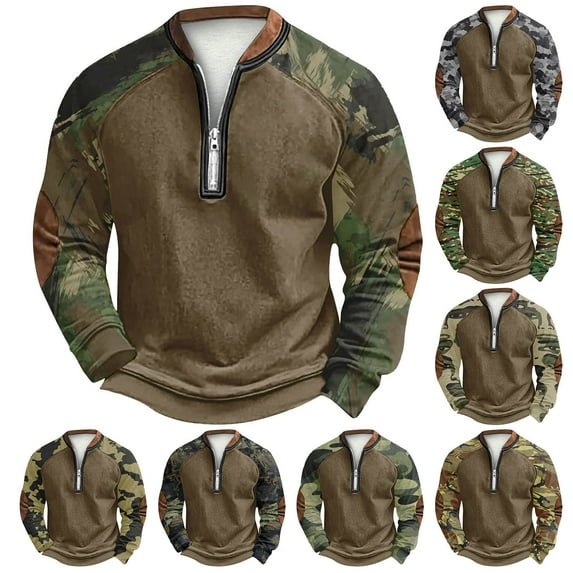 Men's Fall Winter Polo Half Zip Sweatshirt, Dark Printed Camouflage Pullover for Outdoor Style, Casual Wear and Seasonal Utility,Fluorescent Green,M