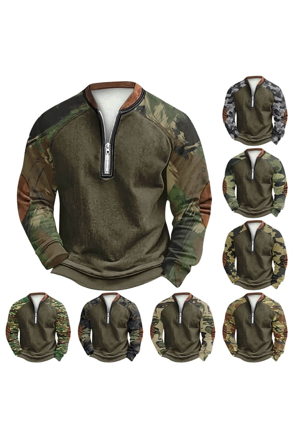 Men's Fall Winter Polo Half Zip Sweatshirt, Printed Camouflage Pullover for Street Style, Casual Wear and Trendy Outfits,Camouflage,