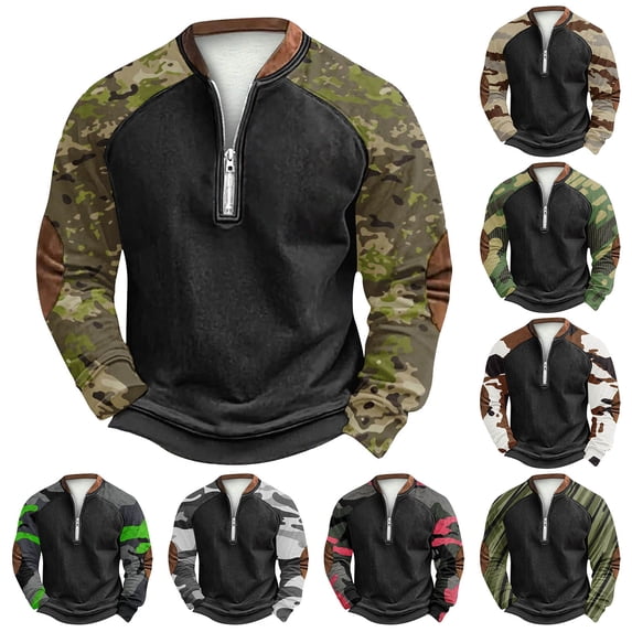 Men's Fall Winter Polo Zip Up Sweatshirt, Color Block Printed Camouflage Pullover for Casual Outfits, Weekend Wear and Fashion Forward Style,Army Green,L