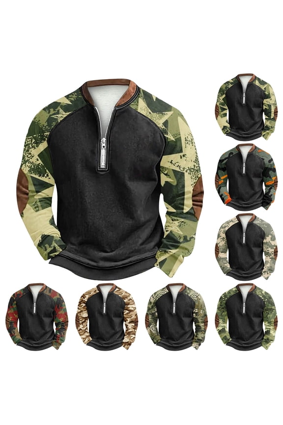 Men's Fall Winter Polo Zip Up Sweatshirt, Multi Color Printed Camouflage Pullover for Casual Wear, Outdoor Activities and Seasonal Fashion,Dark Green,5XL