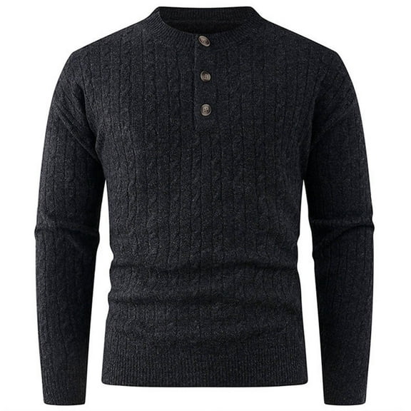 Men's Fall Winter Solid Color Sweater Casual Long Sleeve Crew Neck Button Down Ribbed Knit Pullover Sweater