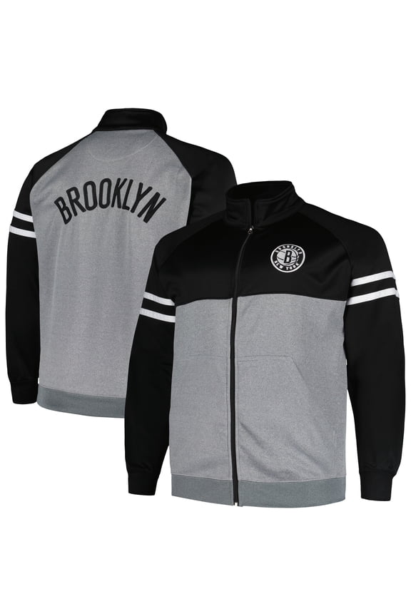 Men's Fanatics Black/Heather Gray Brooklyn Nets Big & Tall Pieced Stripe Raglan Full-Zip Track Jacket