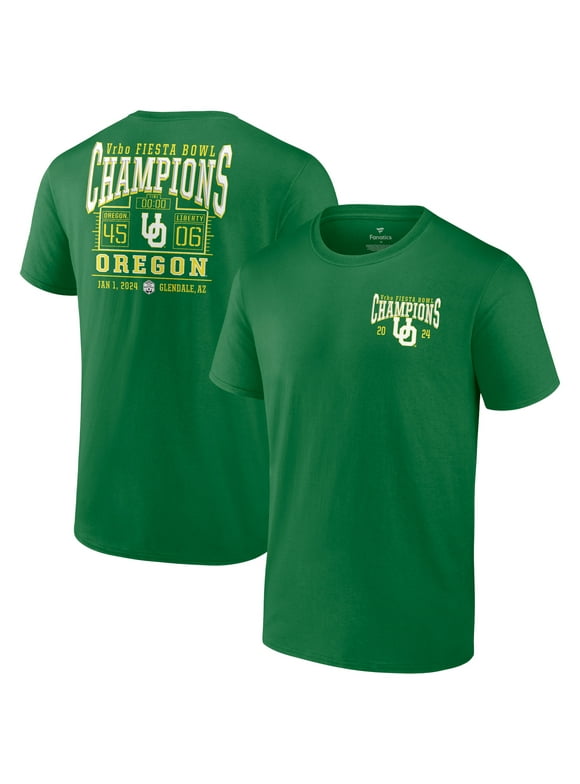 Men's Fanatics Branded Green Oregon Ducks 2024 Fiesta Bowl Champions Score T-Shirt