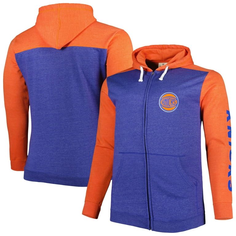 Men s Fanatics Branded Heathered Blue Heathered Orange New York Knicks Big Tall Down and Distance Full Zip Hoodie