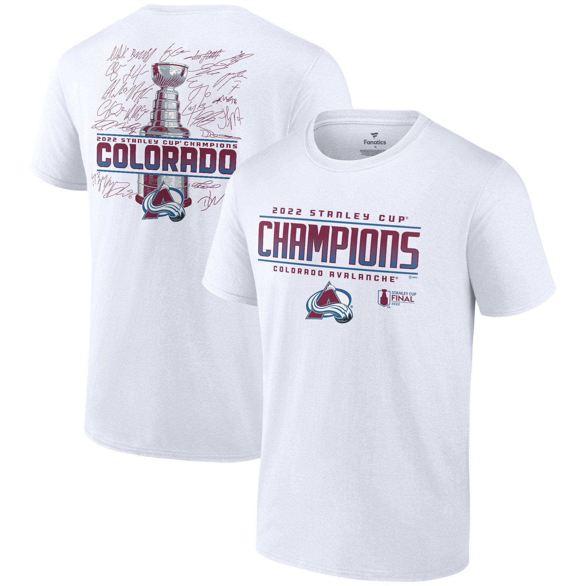 Men's Fanatics Branded White Colorado Avalanche 2022 Stanley Cup Champions Signature Roster T-Shirt - image 1 of 5