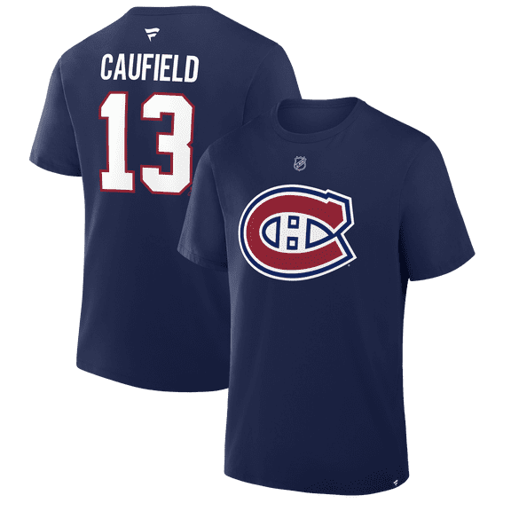 Men's Fanatics Cole Caufield Navy Montreal Canadiens Authentic Stack Name & Number T-Shirt