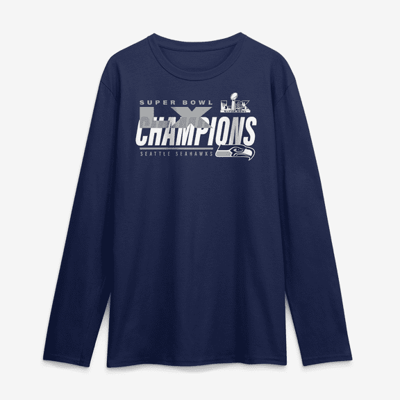 Men's Fanatics  College Navy Seattle Seahawks Super Bowl LX Champions Iconic Victory Long Sleeve T-Shirt