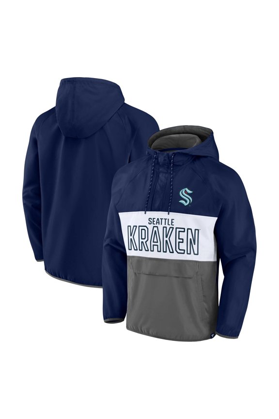 Men's Fanatics Deep Sea Blue/Gray Seattle Kraken Backhand Shooter Defender Anorak Raglan Hoodie Quarter-Zip Jacket