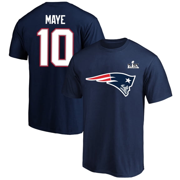 Men's Fanatics Drake Maye Navy New England Patriots Super Bowl LX Patch Big & Tall Name & Number T-Shirt