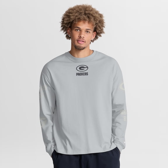 Men's Fanatics Gray Green Bay Packers Oversized Type Play Long Sleeve T-Shirt