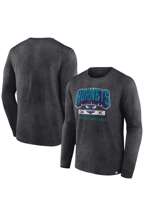 Men's Fanatics Heather Charcoal Charlotte Hornets Front Court Press Snow Wash Long Sleeve T-Shirt