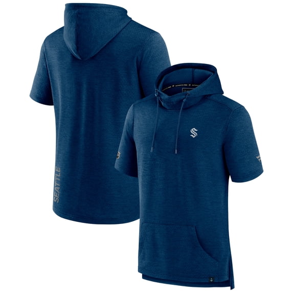 Men's Fanatics Heather Navy Seattle Kraken Authentic Pro Short Sleeve Pullover Hoodie