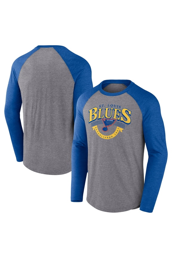 Men's Fanatics Heather Gray/Heather Blue St. Louis Blues Goal Crease Raglan Tri-Blend Long Sleeve T-Shirt
