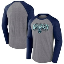 Men's Fanatics Heather Gray/Heather Deep Sea Blue Seattle Kraken Goal Crease Raglan Tri-Blend Long Sleeve T-Shirt